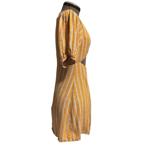 Zara Linen Blend Cutout Puff Sleeve Dress – Mustard Stripe, Size M - Picture 6 of 12